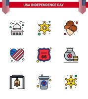 9 paquete de línea plana llena de estados unidos de signos y símbolos del día de la independencia de escudo amor policía signo corazón americano elementos de diseño de vector de día de estados unidos editables