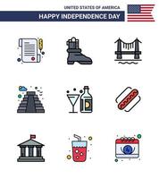 paquete de 9 celebración del día de la independencia de EE. UU. Señales de líneas llenas planas y símbolos del 4 de julio, como una botella de vino, bebida de la ciudad, hito editable, elementos de diseño vectorial del día de EE. UU. vector