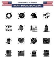 Modern Set of 16 Solid Glyphs and symbols on USA Independence Day such as ice cream cream eagle cold party Editable USA Day Vector Design Elements