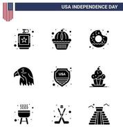 Modern Set of 9 Solid Glyphs and symbols on USA Independence Day such as security eagle cake bird food Editable USA Day Vector Design Elements