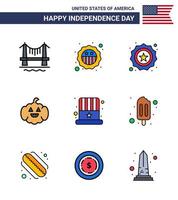 Big Pack of 9 USA Happy Independence Day USA Vector Flat Filled Lines and Editable Symbols of cream ice cream pumkin usa cap Editable USA Day Vector Design Elements