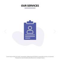 Our Services Resume Application Clipboard Curriculum Cv Solid Glyph Icon Web card Template vector