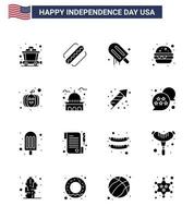 Modern Set of 16 Solid Glyphs and symbols on USA Independence Day such as building pumpkin cream american fast food Editable USA Day Vector Design Elements