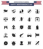 feliz día de la independencia de estados unidos conjunto de pictogramas de 25 glifos sólidos simples de hito hotdog garland elementos de diseño de vector de día de estados unidos editable americano americano