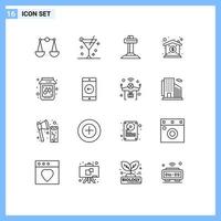 Mobile Interface Outline Set of 16 Pictograms of application fruit christian bee price Editable Vector Design Elements