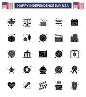 Group of 25 Solid Glyph Set for Independence day of United States of America such as calender frankfurter scale food independence Editable USA Day Vector Design Elements