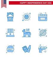 Set of 9 USA Day Icons American Symbols Independence Day Signs for political donkey cinema usa cap Editable USA Day Vector Design Elements