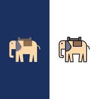 África animal elefante indio iconos planos y llenos de línea conjunto de iconos vector fondo azul