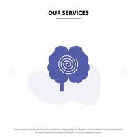 nuestros servicios cabeza del cerebro hipnosis psicología icono de glifo sólido plantilla de tarjeta web vector