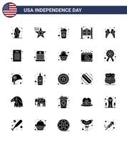 25 signos de glifo sólido para el día de la independencia de EE. UU. Puerta de salón de botella occidental de hielo elementos de diseño de vector de día de EE. UU. editables