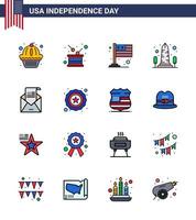 grupo de 16 líneas rellenas planas establecidas para el día de la independencia de los estados unidos de américa, como el monumento a la independencia de la vista de washington usa elementos de diseño vectorial del día de estados unidos editables vector