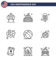 paquete de línea de vector editable del día de estados unidos 9 líneas simples de fútbol americano ubicación americana blanca elementos de diseño de vector de día de estados unidos editables