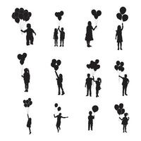 Child holdings balloons silhouettes, Baby holdings balloons silhouettes. vector