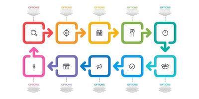 Infographic colorful 10 boxes. Business workflow process. vector