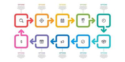 infográfico colorido 10 cajas. proceso de flujo de trabajo empresarial. vector