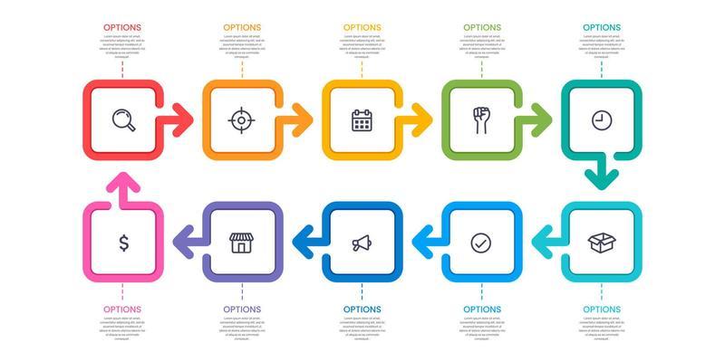 Infographic colorful 10 boxes. Business workflow process.