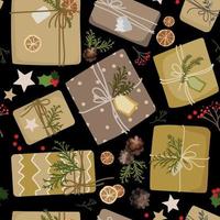 Winter holiday xmas gift boxes seamless pattern for background,wrap,fabric,textile,surface,and print design.Christmas presents in kraft paper and wreaths. Rustic gift box.Eco decoration.Vector vector