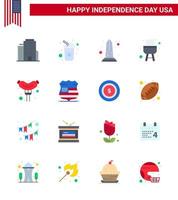 Set of 16 Vector Flats on 4th July USA Independence Day such as sausage food monument cook barbecue Editable USA Day Vector Design Elements