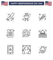 Pack of 9 USA Independence Day Celebration Lines Signs and 4th July Symbols such as yummy donut fire work democratic declaration Editable USA Day Vector Design Elements