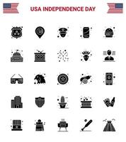 25 USA Solid Glyph Signs Independence Day Celebration Symbols of food burger man cola can Editable USA Day Vector Design Elements