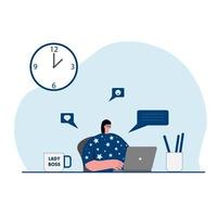 Happy woman using online apps set. Womansitting at the desk, working, sending message and talking to other people online. Flat style modern vector illustration.