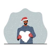 diseño vectorial de la tarjeta de felicitación del día de san valentín. el hombre con sombreros de santa claus tiene un corazón de nieve en sus manos bajo la nieve. ilustración vectorial vector