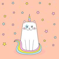 Cute unicorn cat with rainbow horn and tail. Design for postcard, banner. Vector illustration in doodle style