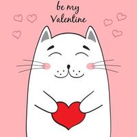 Cute character cat with a heart in its paws. Hand drawn illustration for valentine's day. Be my Valentine. Vector illustration