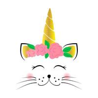 Cute unicorn cat face with flowers. Baby vector illustration isolated on white background