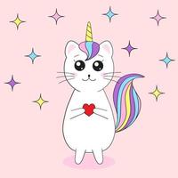 Cute cat unicorn in kawaii style. Children's illustration. Print for t-shirt, greeting card, banner, sticker. Vector illustration