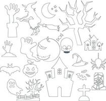 set of halloween line art icons and characters vector