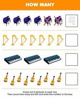 Education game for children count how many cartoon piano harp keyboard guitar and write the number in the box printable music instrument worksheet vector