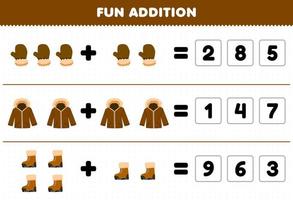 Education game for children fun addition by guess the correct number of cute cartoon mitten jacket boot printable winter worksheet vector