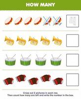 Education game for children count how many cartoon tambourine tuba drum accordion and write the number in the box printable music instrument worksheet vector