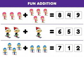 Education game for children fun addition by guess the correct number of cute cartoon boy and girl playing ski printable winter worksheet vector