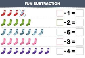 Education game for children fun subtraction by counting cute cartoon sock each row and eliminating it printable winter worksheet vector
