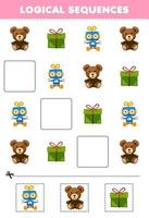 Education game for children logical sequences for kids with cute cartoon teddy bear robot toy gift box printable winter worksheet vector