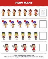 Education game for children count how many cute cartoon caveman clown frankenstein devil girl and write the number in the box printable halloween worksheet vector