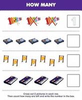 Education game for children count how many cartoon xylophone turntable gong synthesizer and write the number in the box printable music instrument worksheet vector