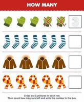 Education game for children count how many cute cartoon mitten sock jacket scarf and write the number in the box printable winter worksheet vector