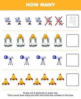 juego educativo para niños cuente cuántos lindos dibujos animados radar nave espacial telescopio cohete y escriba el número en el cuadro hoja de trabajo imprimible del sistema solar vector