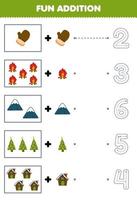 Education game for children fun counting and add one more cartoon mitten bonfire mountain tree house then choose the correct number winter worksheet vector