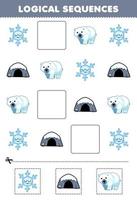 Education game for children logical sequences for kids with cute cartoon snowflake bear den printable winter worksheet vector