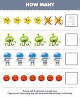 Education game for children count how many cute cartoon star alien astronaut planet and write the number in the box printable solar system worksheet vector