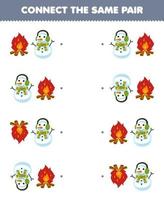 juego educativo para niños conecta la misma imagen de la linda hoguera de dibujos animados y la hoja de trabajo de invierno imprimible del par de muñecos de nieve vector