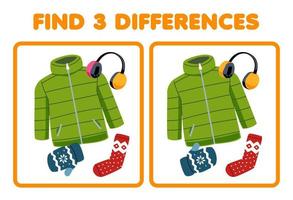 juego educativo para niños encuentra tres diferencias entre dos lindos dibujos animados abrigo orejera manopla y calcetín hoja de trabajo de invierno imprimible vector