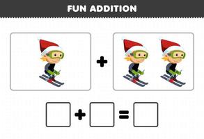 Education game for children fun addition by counting cute cartoon boy playing ski pictures printable winter worksheet vector