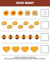 Education game for children count how many cartoon biscuit and write the number in the box printable food worksheet vector