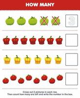 Education game for children count how many cartoon tomato paprika and write the number in the box printable vegetable worksheet vector