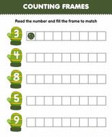 Educational game for kids read the number and fill the frames from cute cartoon green mitten printable winter worksheet vector